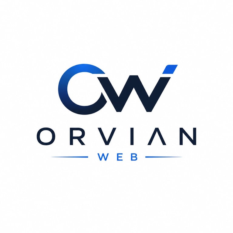 Orvian Web logo featuring blue and dark navy geometric letterforms with horizontal line accents